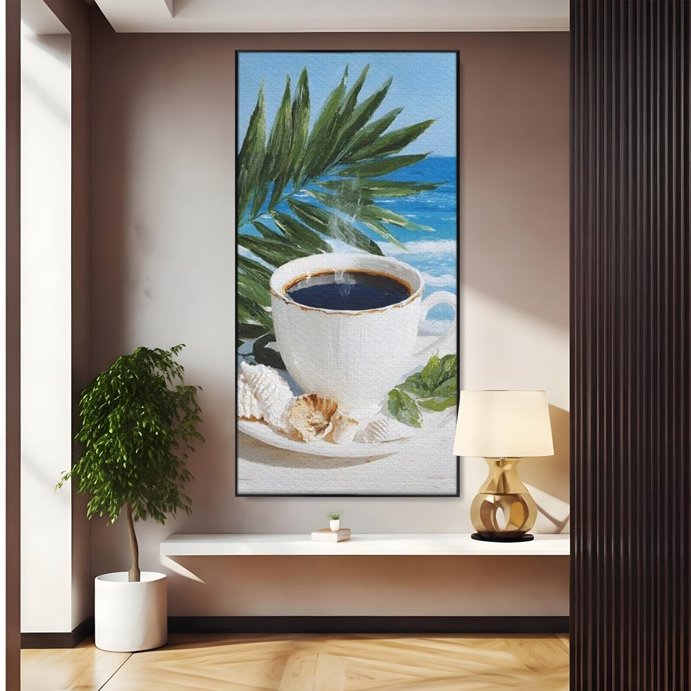 Tablou Canvas Premium, LuxCanva® N1177, Ritual la Tarm, Vacanta, Cozy, Relaxare, Cafea, Exotic, Scoici, Plaja, Cafenea, Pub, Bar, Lounge, Restaurant, Bucatarie