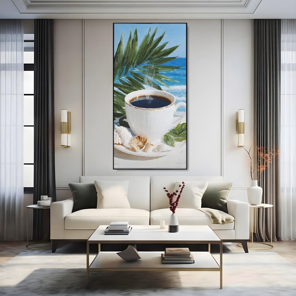 Tablou Canvas Premium, LuxCanva® N1177, Ritual la Tarm, Vacanta, Cozy, Relaxare, Cafea, Exotic, Scoici, Plaja, Cafenea, Pub, Bar, Lounge, Restaurant, Bucatarie