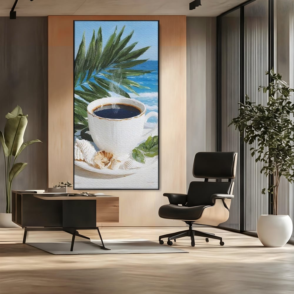 Tablou Canvas Premium, LuxCanva® N1177, Ritual la Tarm, Vacanta, Cozy, Relaxare, Cafea, Exotic, Scoici, Plaja, Cafenea, Pub, Bar, Lounge, Restaurant, Bucatarie