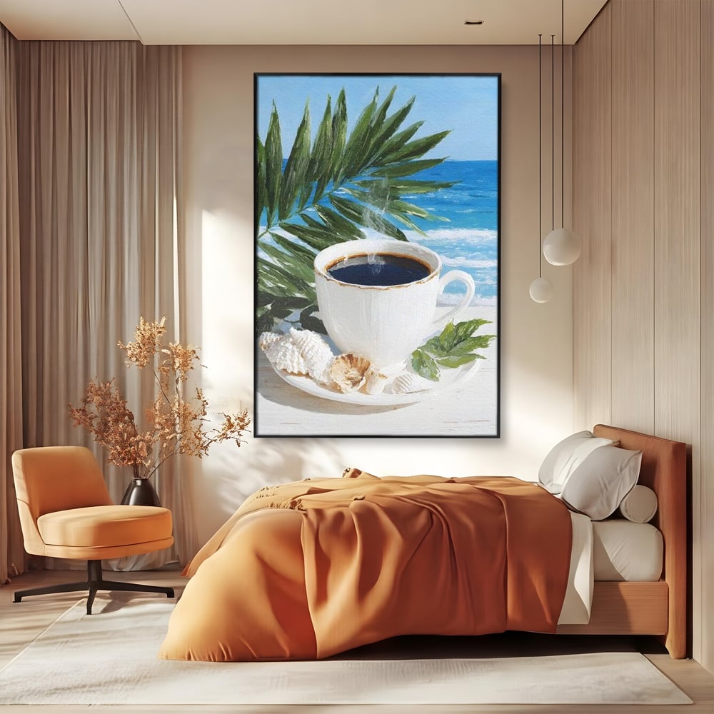 Tablou Canvas Premium, LuxCanva® N1177, Ritual la Tarm, Vacanta, Cozy, Relaxare, Cafea, Exotic, Scoici, Plaja, Cafenea, Pub, Bar, Lounge, Restaurant, Bucatarie