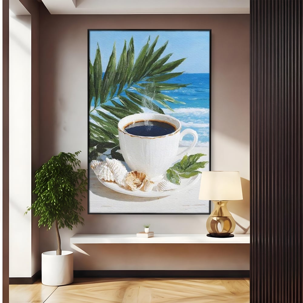 Tablou Canvas Premium, LuxCanva® N1177, Ritual la Tarm, Vacanta, Cozy, Relaxare, Cafea, Exotic, Scoici, Plaja, Cafenea, Pub, Bar, Lounge, Restaurant, Bucatarie