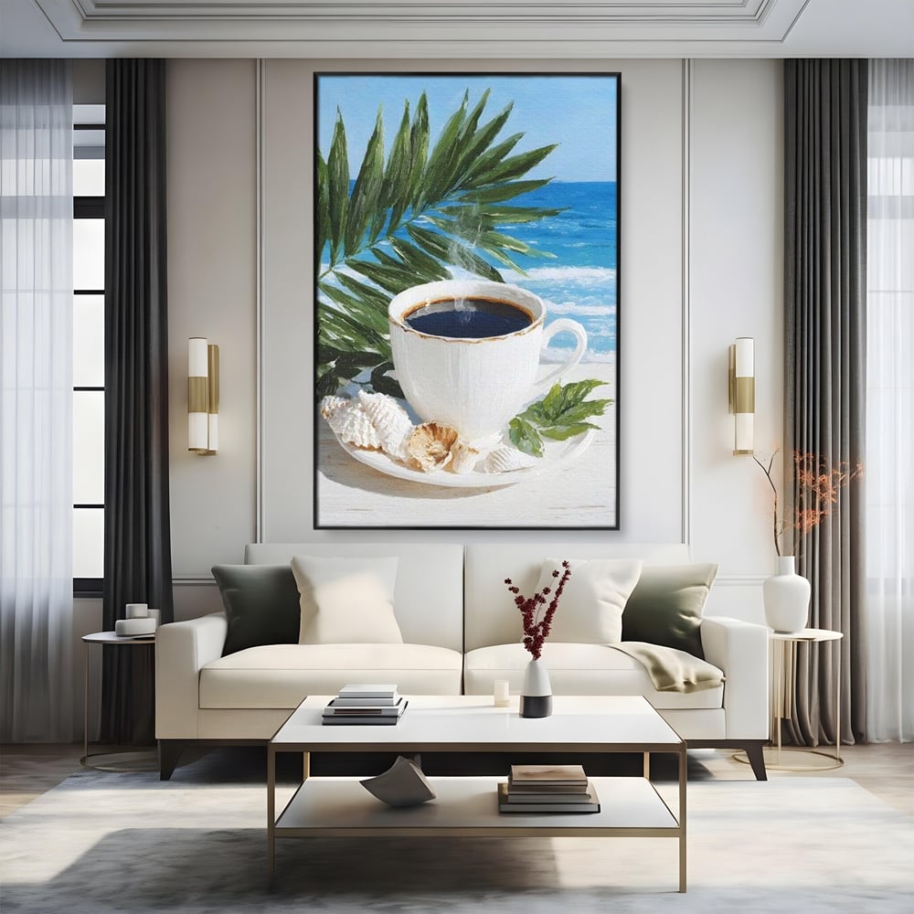 Tablou Canvas Premium, LuxCanva® N1177, Ritual la Tarm, Vacanta, Cozy, Relaxare, Cafea, Exotic, Scoici, Plaja, Cafenea, Pub, Bar, Lounge, Restaurant, Bucatarie