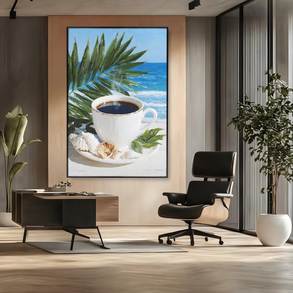 Tablou Canvas Premium, LuxCanva® N1177, Ritual la Tarm, Vacanta, Cozy, Relaxare, Cafea, Exotic, Scoici, Plaja, Cafenea, Pub, Bar, Lounge, Restaurant, Bucatarie