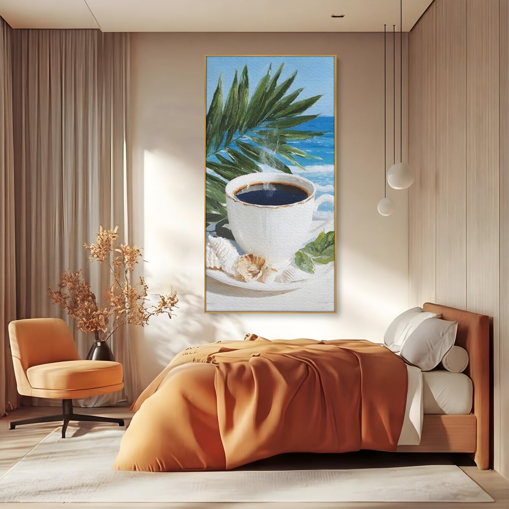 Tablou Canvas Premium, LuxCanva® N1177, Ritual la Tarm, Vacanta, Cozy, Relaxare, Cafea, Exotic, Scoici, Plaja, Cafenea, Pub, Bar, Lounge, Restaurant, Bucatarie