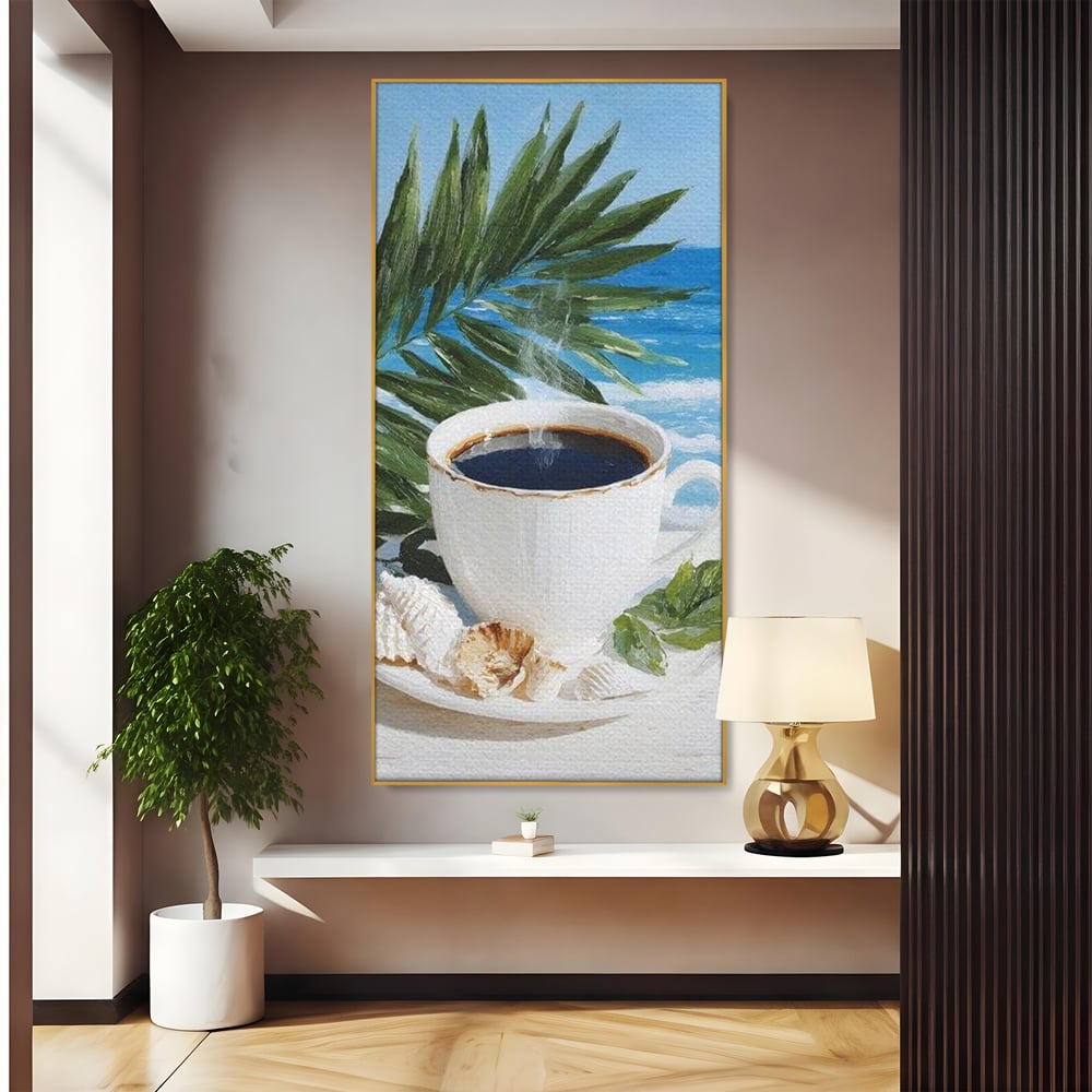 Tablou Canvas Premium, LuxCanva® N1177, Ritual la Tarm, Vacanta, Cozy, Relaxare, Cafea, Exotic, Scoici, Plaja, Cafenea, Pub, Bar, Lounge, Restaurant, Bucatarie