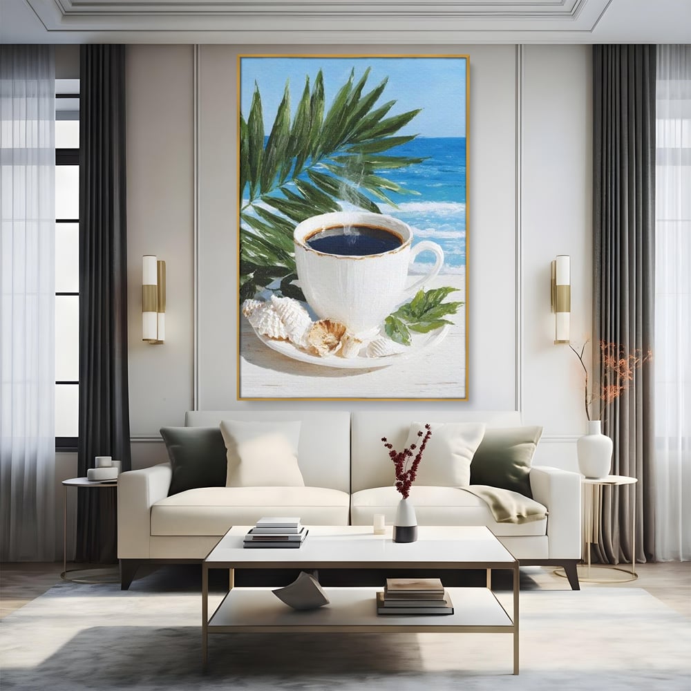 Tablou Canvas Premium, LuxCanva® N1177, Ritual la Tarm, Vacanta, Cozy, Relaxare, Cafea, Exotic, Scoici, Plaja, Cafenea, Pub, Bar, Lounge, Restaurant, Bucatarie