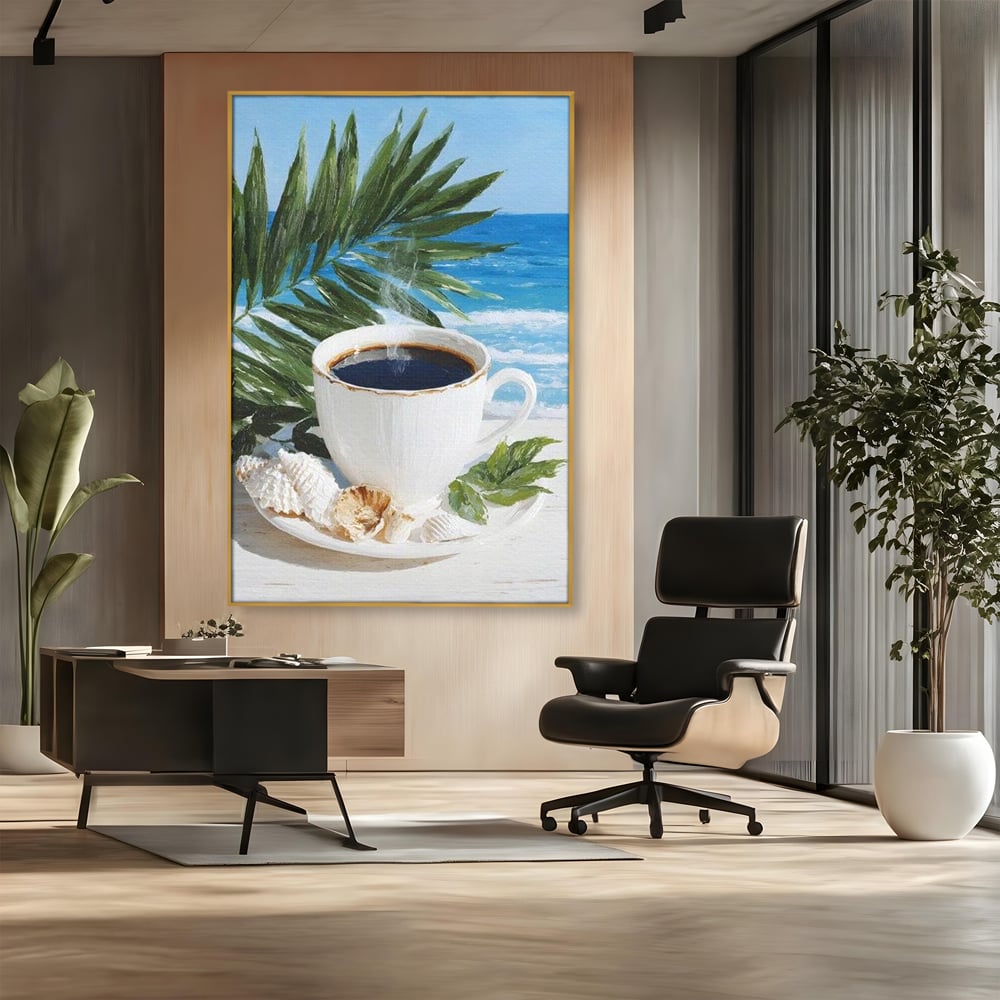 Tablou Canvas Premium, LuxCanva® N1177, Ritual la Tarm, Vacanta, Cozy, Relaxare, Cafea, Exotic, Scoici, Plaja, Cafenea, Pub, Bar, Lounge, Restaurant, Bucatarie