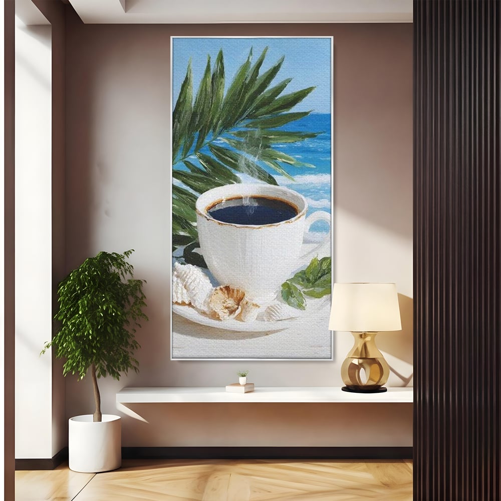 Tablou Canvas Premium, LuxCanva® N1177, Ritual la Tarm, Vacanta, Cozy, Relaxare, Cafea, Exotic, Scoici, Plaja, Cafenea, Pub, Bar, Lounge, Restaurant, Bucatarie