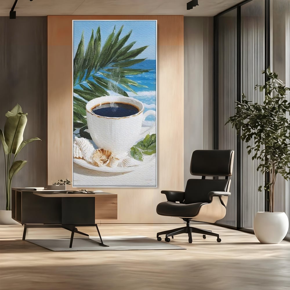 Tablou Canvas Premium, LuxCanva® N1177, Ritual la Tarm, Vacanta, Cozy, Relaxare, Cafea, Exotic, Scoici, Plaja, Cafenea, Pub, Bar, Lounge, Restaurant, Bucatarie