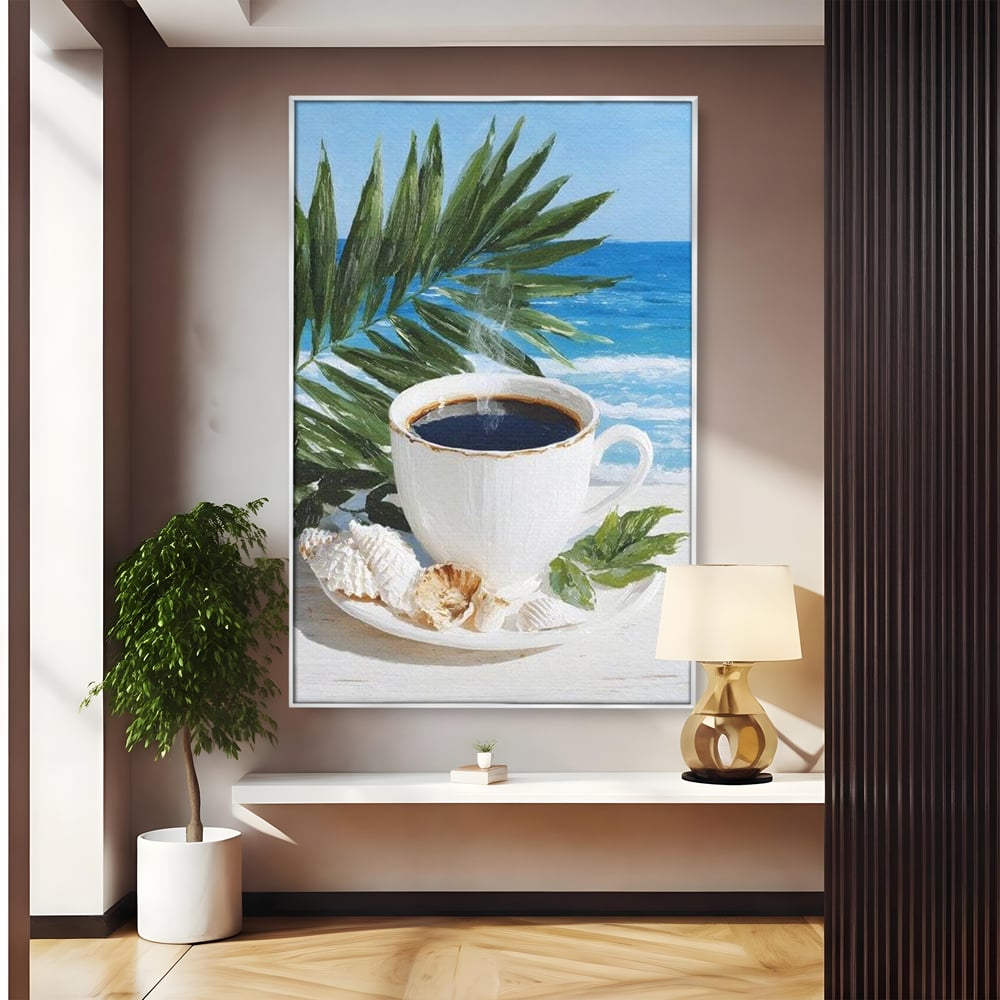 Tablou Canvas Premium, LuxCanva® N1177, Ritual la Tarm, Vacanta, Cozy, Relaxare, Cafea, Exotic, Scoici, Plaja, Cafenea, Pub, Bar, Lounge, Restaurant, Bucatarie