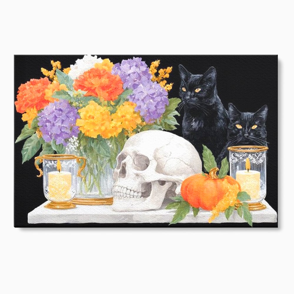 Tablou Canvas Premium, LuxCanva® N1181, Vrajitoarele Noptii, Pisici, Animale, Craniu, Dovleac, Halloween, Flori, Buchet, Noapte, Pub, Bar, Lounge, Restaurant, Bucatarie