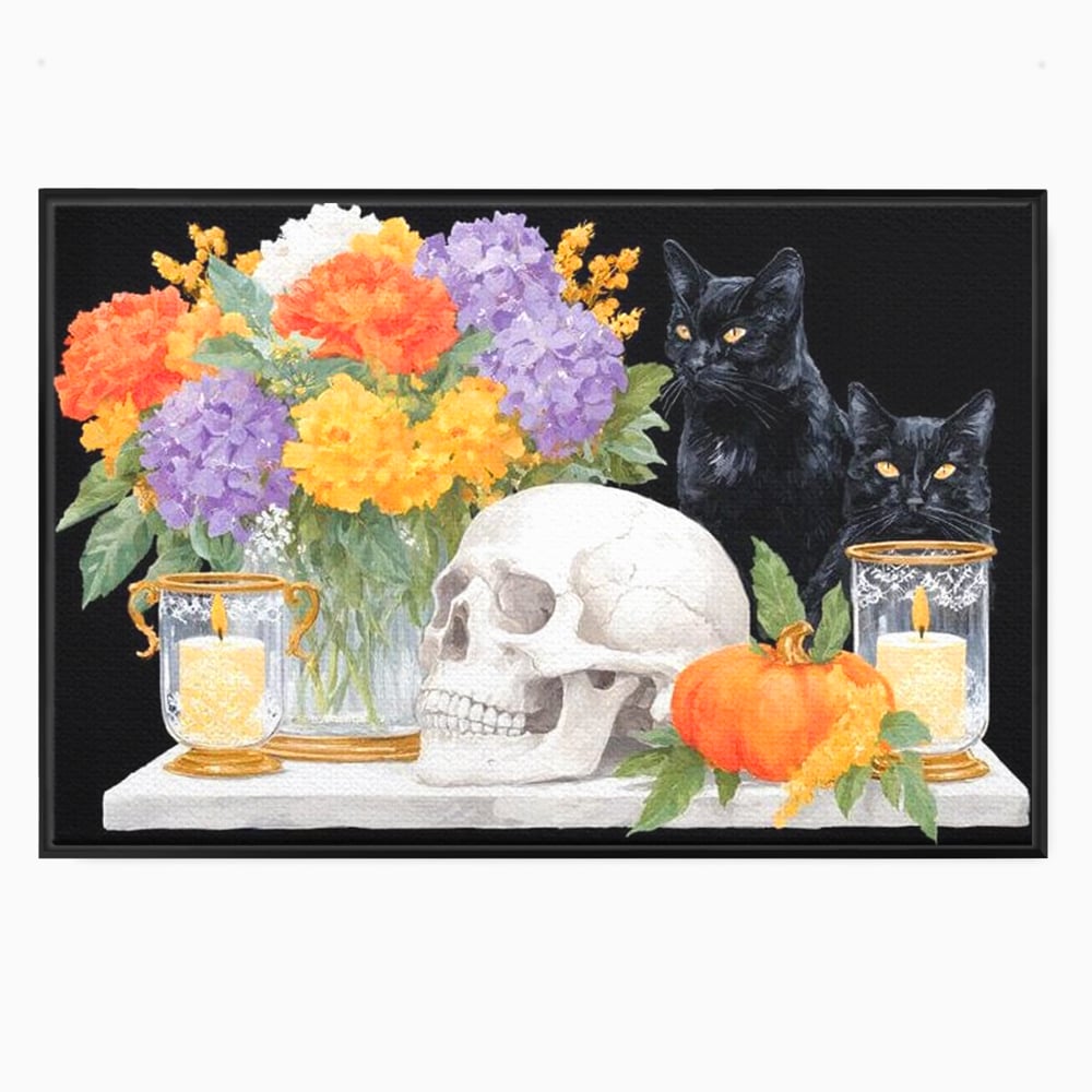 Tablou Canvas Premium, LuxCanva® N1181, Vrajitoarele Noptii, Pisici, Animale, Craniu, Dovleac, Halloween, Flori, Buchet, Noapte, Pub, Bar, Lounge, Restaurant, Bucatarie