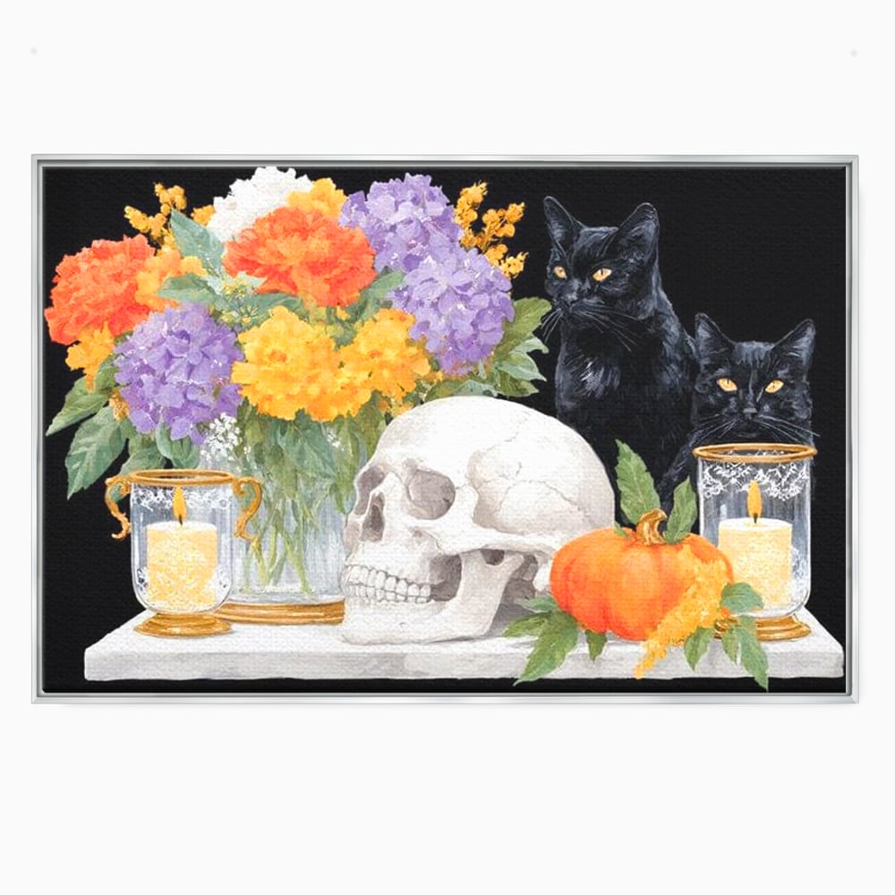 Tablou Canvas Premium, LuxCanva® N1181, Vrajitoarele Noptii, Pisici, Animale, Craniu, Dovleac, Halloween, Flori, Buchet, Noapte, Pub, Bar, Lounge, Restaurant, Bucatarie