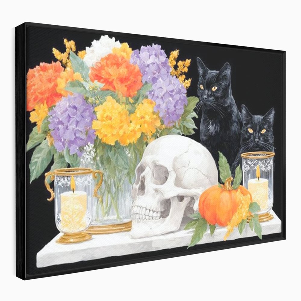 Tablou Canvas Premium, LuxCanva® N1181, Vrajitoarele Noptii, Pisici, Animale, Craniu, Dovleac, Halloween, Flori, Buchet, Noapte, Pub, Bar, Lounge, Restaurant, Bucatarie