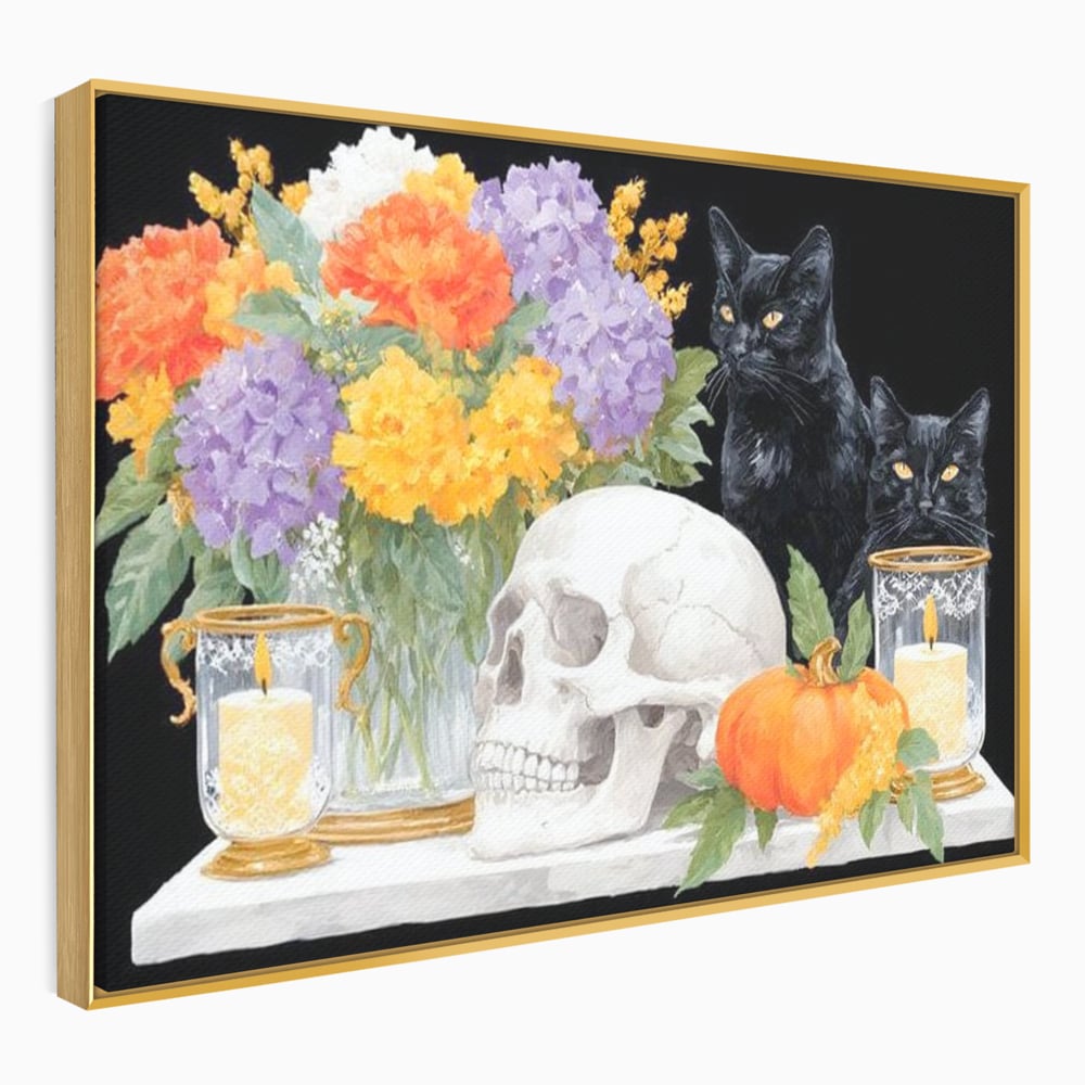 Tablou Canvas Premium, LuxCanva® N1181, Vrajitoarele Noptii, Pisici, Animale, Craniu, Dovleac, Halloween, Flori, Buchet, Noapte, Pub, Bar, Lounge, Restaurant, Bucatarie
