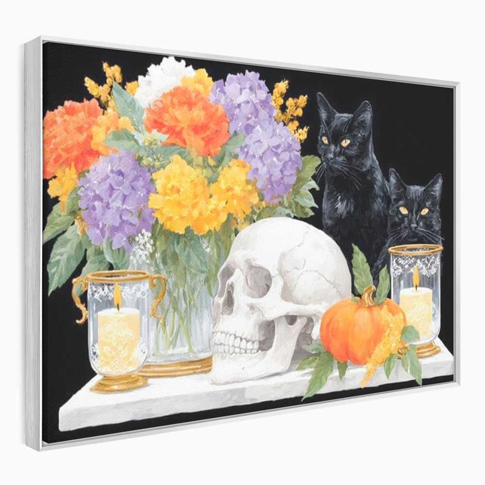 Tablou Canvas Premium, LuxCanva® N1181, Vrajitoarele Noptii, Pisici, Animale, Craniu, Dovleac, Halloween, Flori, Buchet, Noapte, Pub, Bar, Lounge, Restaurant, Bucatarie