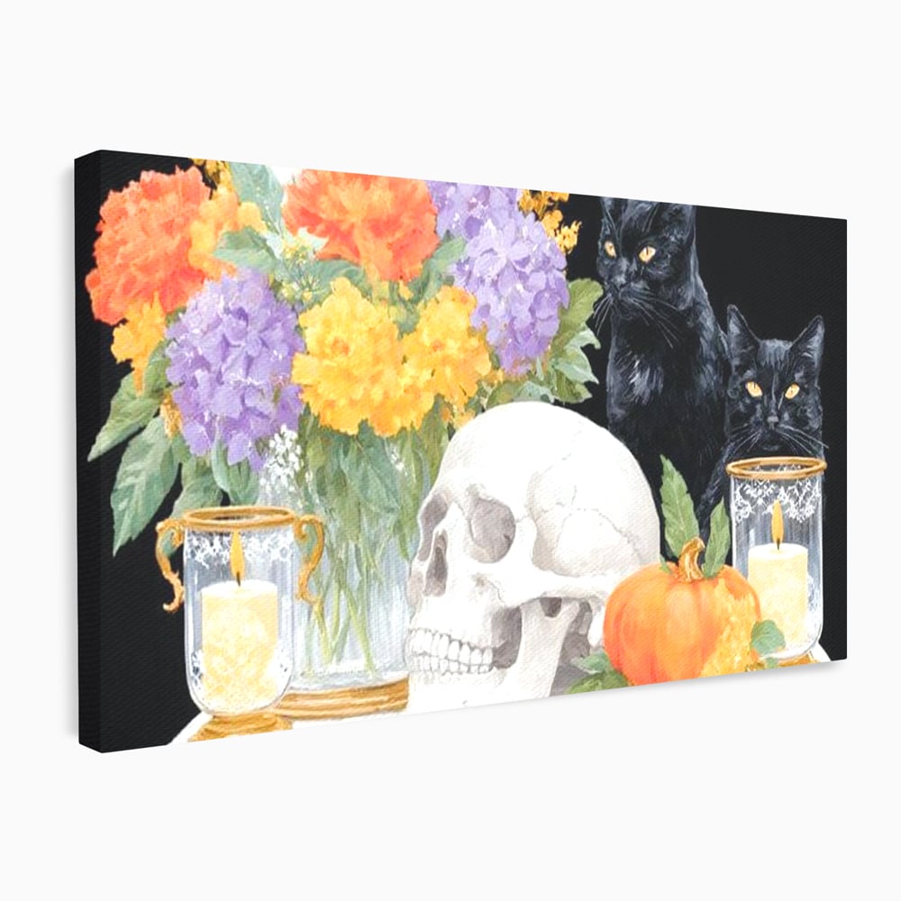 Tablou Canvas Premium, LuxCanva® N1181, Vrajitoarele Noptii, Pisici, Animale, Craniu, Dovleac, Halloween, Flori, Buchet, Noapte, Pub, Bar, Lounge, Restaurant, Bucatarie