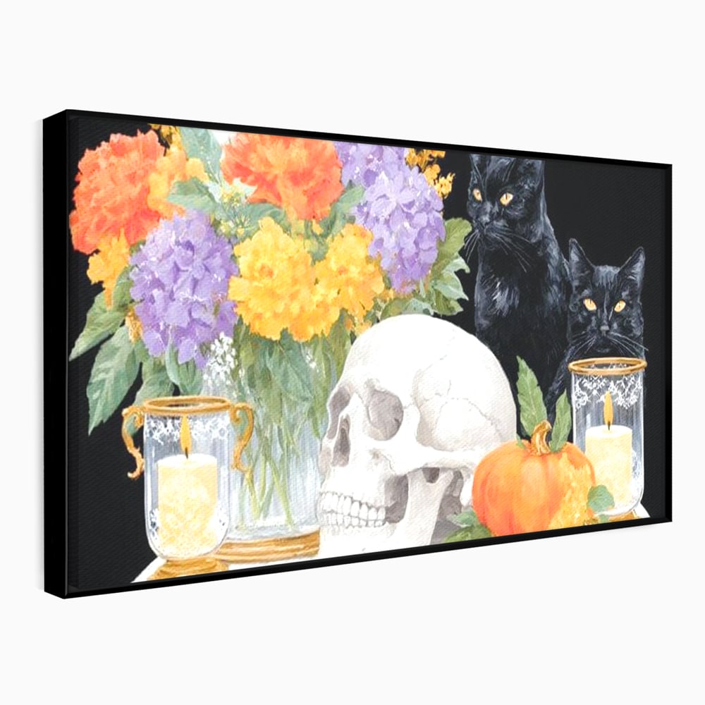 Tablou Canvas Premium, LuxCanva® N1181, Vrajitoarele Noptii, Pisici, Animale, Craniu, Dovleac, Halloween, Flori, Buchet, Noapte, Pub, Bar, Lounge, Restaurant, Bucatarie