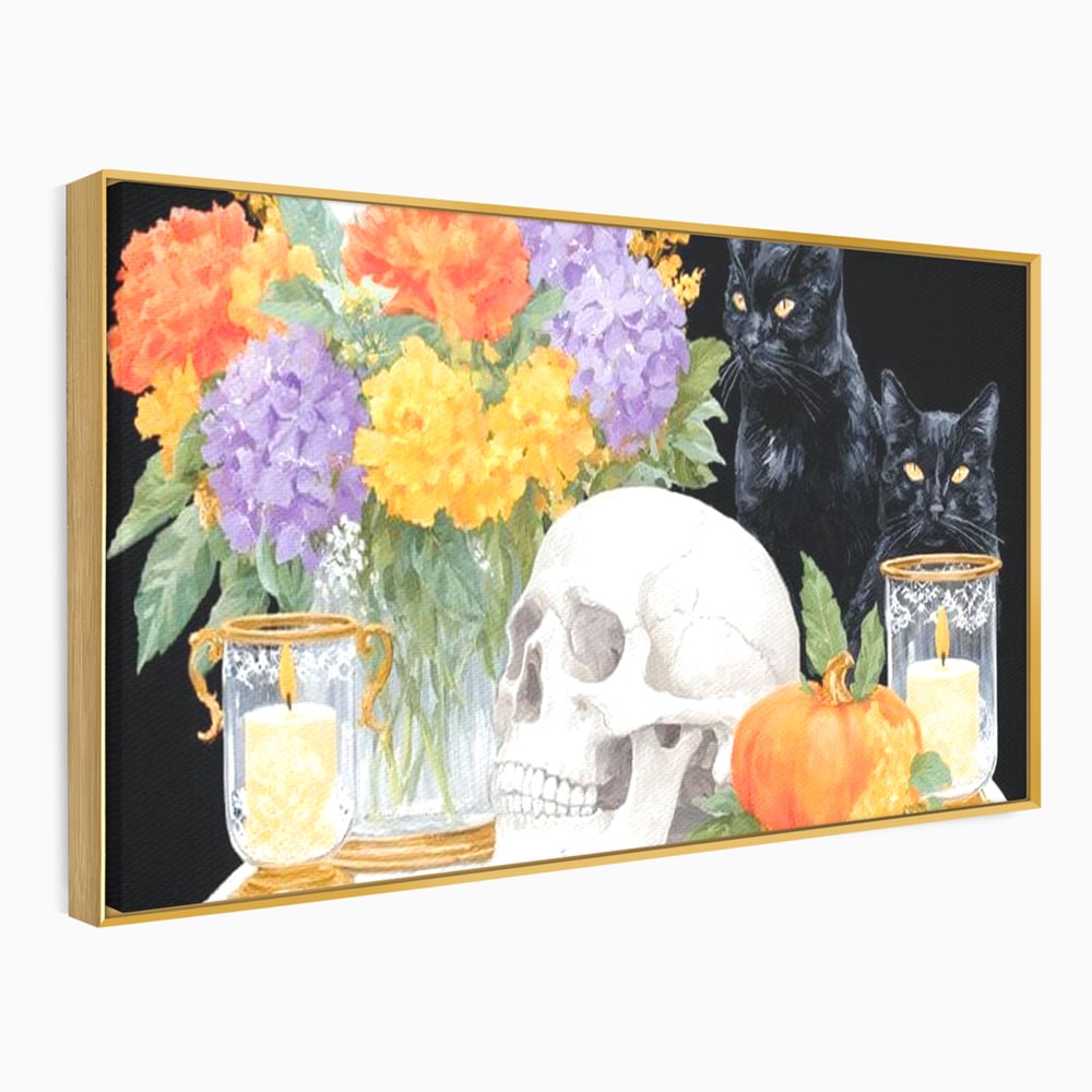 Tablou Canvas Premium, LuxCanva® N1181, Vrajitoarele Noptii, Pisici, Animale, Craniu, Dovleac, Halloween, Flori, Buchet, Noapte, Pub, Bar, Lounge, Restaurant, Bucatarie