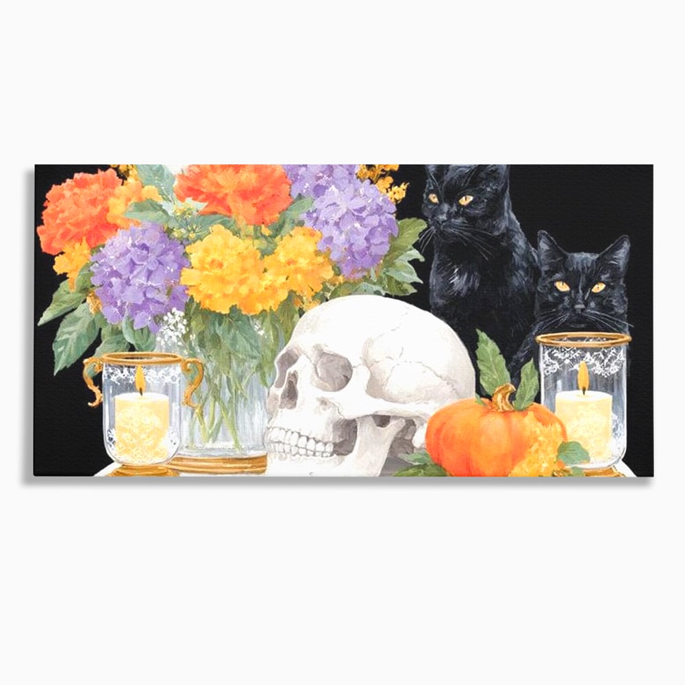 Tablou Canvas Premium, LuxCanva® N1181, Vrajitoarele Noptii, Pisici, Animale, Craniu, Dovleac, Halloween, Flori, Buchet, Noapte, Pub, Bar, Lounge, Restaurant, Bucatarie