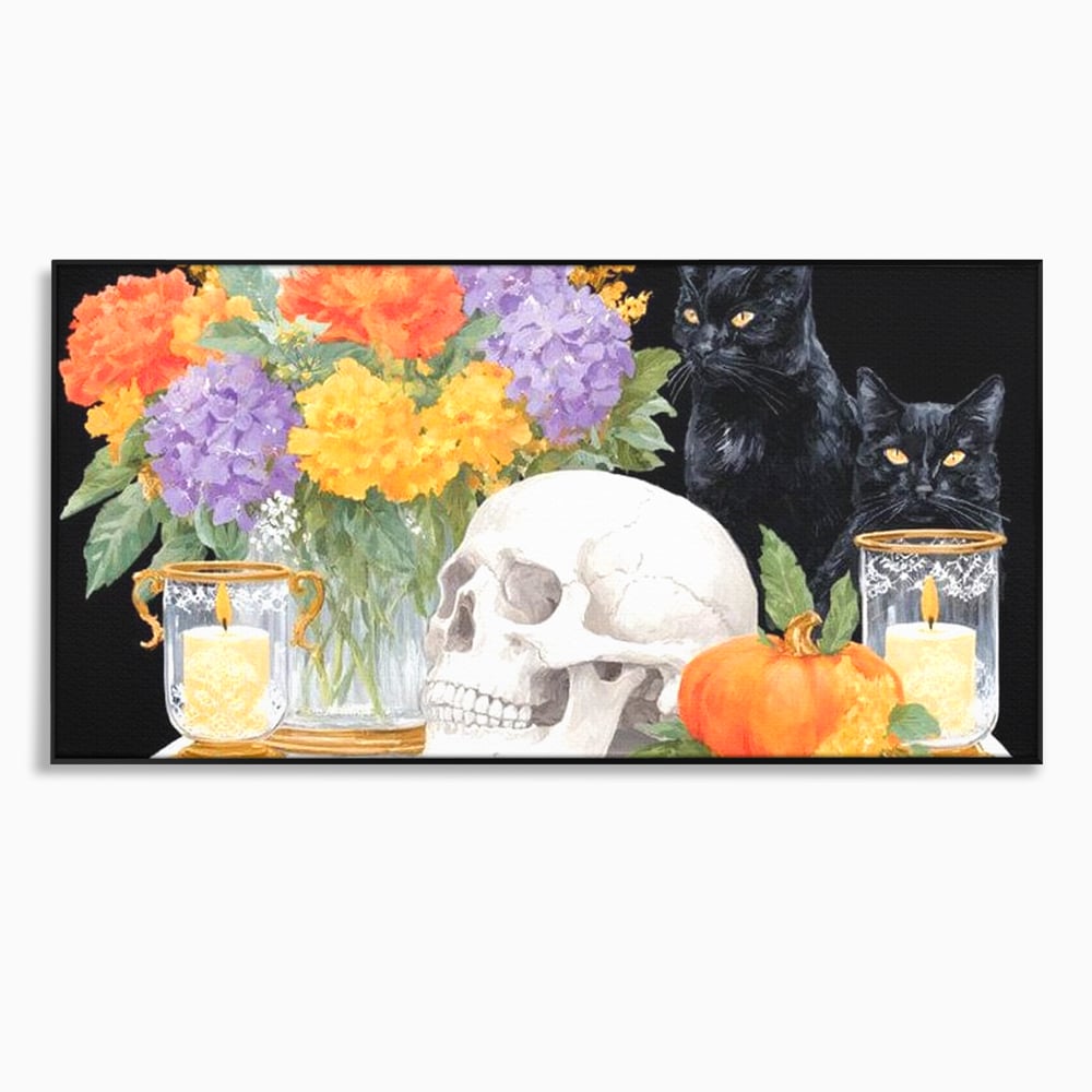 Tablou Canvas Premium, LuxCanva® N1181, Vrajitoarele Noptii, Pisici, Animale, Craniu, Dovleac, Halloween, Flori, Buchet, Noapte, Pub, Bar, Lounge, Restaurant, Bucatarie