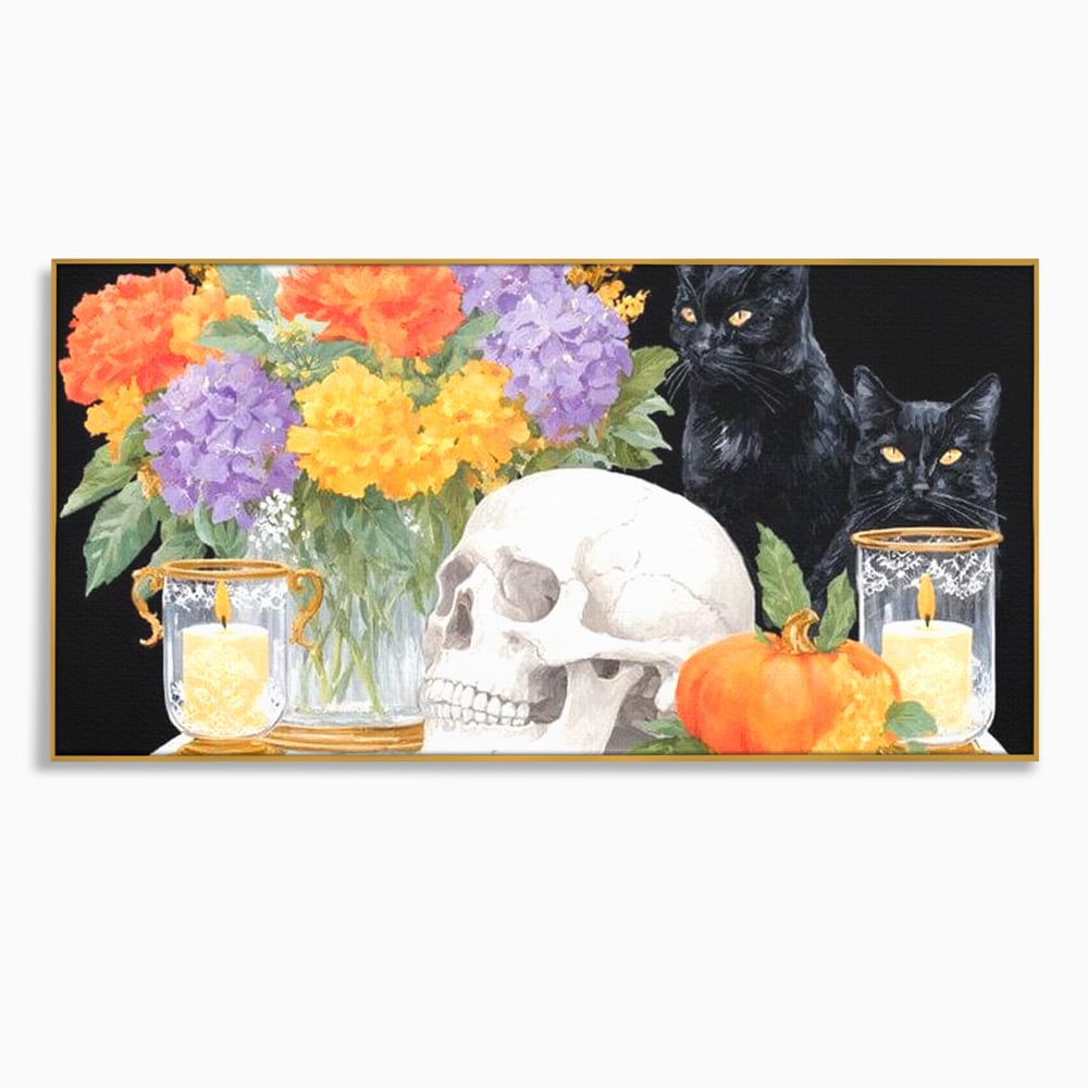 Tablou Canvas Premium, LuxCanva® N1181, Vrajitoarele Noptii, Pisici, Animale, Craniu, Dovleac, Halloween, Flori, Buchet, Noapte, Pub, Bar, Lounge, Restaurant, Bucatarie