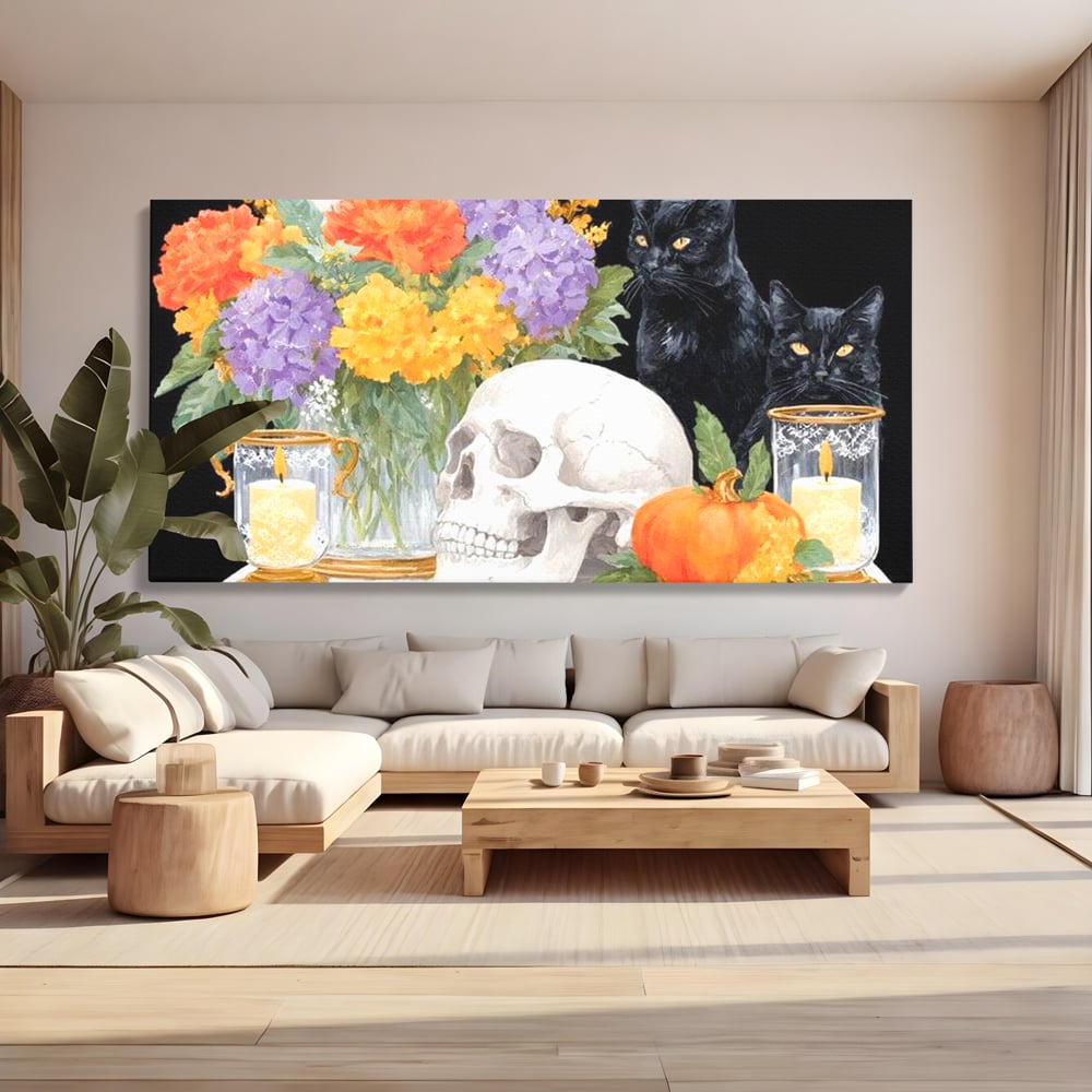 Tablou Canvas Premium, LuxCanva® N1181, Vrajitoarele Noptii, Pisici, Animale, Craniu, Dovleac, Halloween, Flori, Buchet, Noapte, Pub, Bar, Lounge, Restaurant, Bucatarie