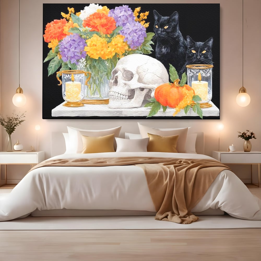 Tablou Canvas Premium, LuxCanva® N1181, Vrajitoarele Noptii, Pisici, Animale, Craniu, Dovleac, Halloween, Flori, Buchet, Noapte, Pub, Bar, Lounge, Restaurant, Bucatarie