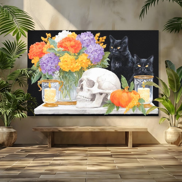 Tablou Canvas Premium, LuxCanva® N1181, Vrajitoarele Noptii, Pisici, Animale, Craniu, Dovleac, Halloween, Flori, Buchet, Noapte, Pub, Bar, Lounge, Restaurant, Bucatarie