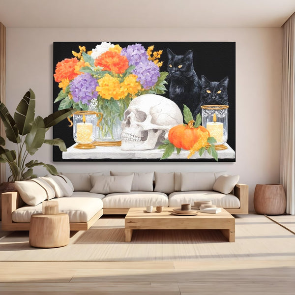 Tablou Canvas Premium, LuxCanva® N1181, Vrajitoarele Noptii, Pisici, Animale, Craniu, Dovleac, Halloween, Flori, Buchet, Noapte, Pub, Bar, Lounge, Restaurant, Bucatarie