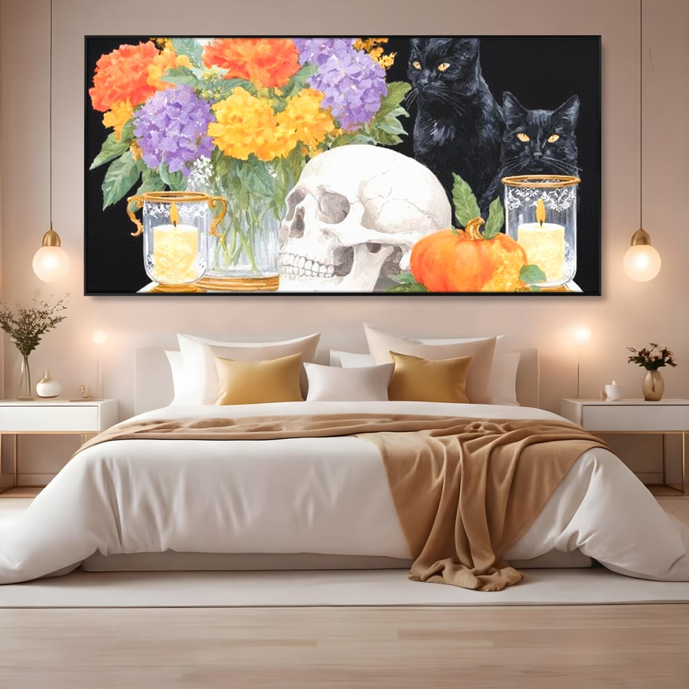 Tablou Canvas Premium, LuxCanva® N1181, Vrajitoarele Noptii, Pisici, Animale, Craniu, Dovleac, Halloween, Flori, Buchet, Noapte, Pub, Bar, Lounge, Restaurant, Bucatarie