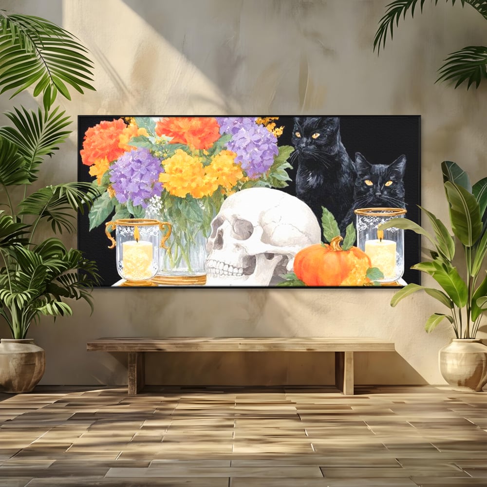 Tablou Canvas Premium, LuxCanva® N1181, Vrajitoarele Noptii, Pisici, Animale, Craniu, Dovleac, Halloween, Flori, Buchet, Noapte, Pub, Bar, Lounge, Restaurant, Bucatarie