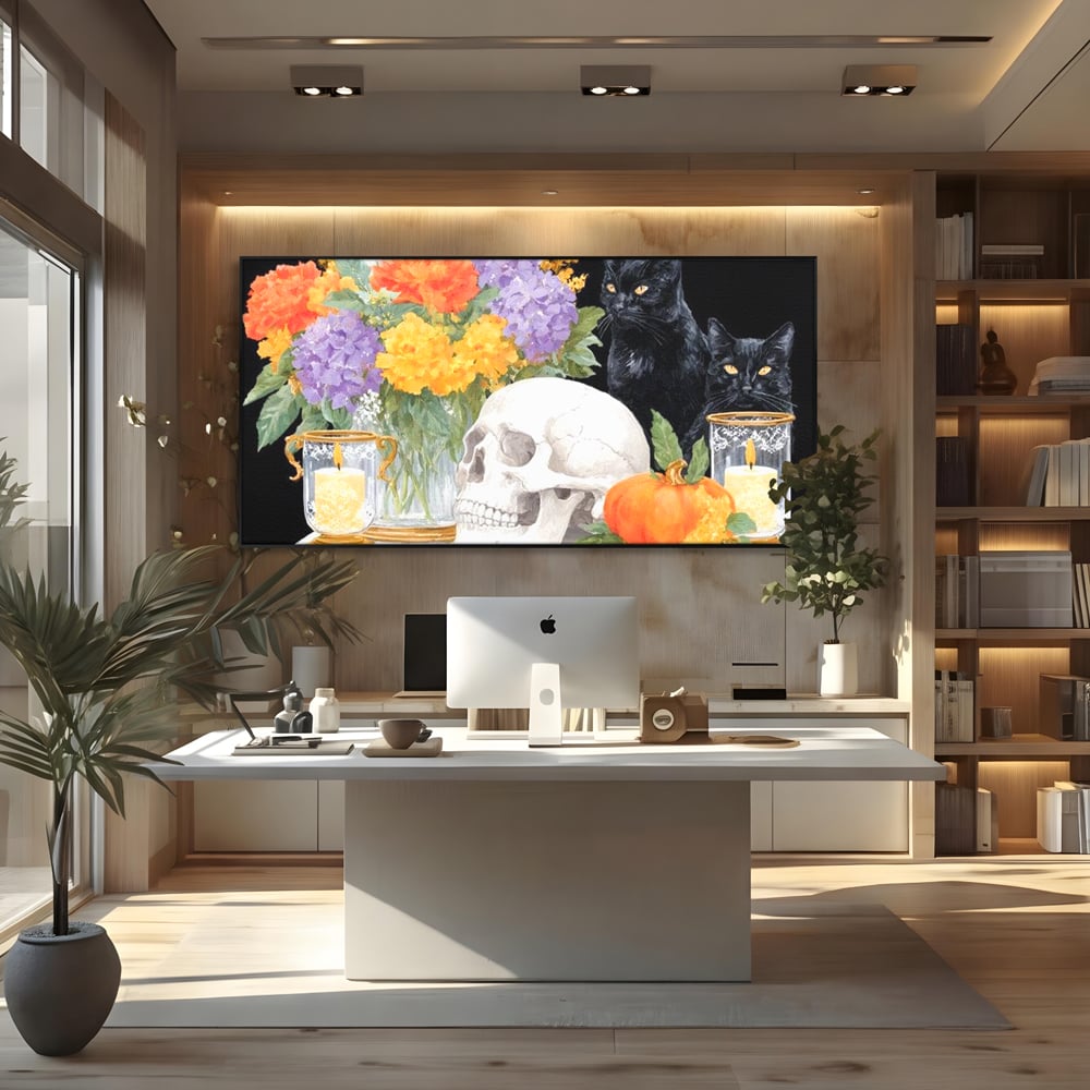 Tablou Canvas Premium, LuxCanva® N1181, Vrajitoarele Noptii, Pisici, Animale, Craniu, Dovleac, Halloween, Flori, Buchet, Noapte, Pub, Bar, Lounge, Restaurant, Bucatarie