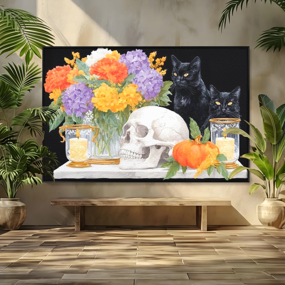 Tablou Canvas Premium, LuxCanva® N1181, Vrajitoarele Noptii, Pisici, Animale, Craniu, Dovleac, Halloween, Flori, Buchet, Noapte, Pub, Bar, Lounge, Restaurant, Bucatarie