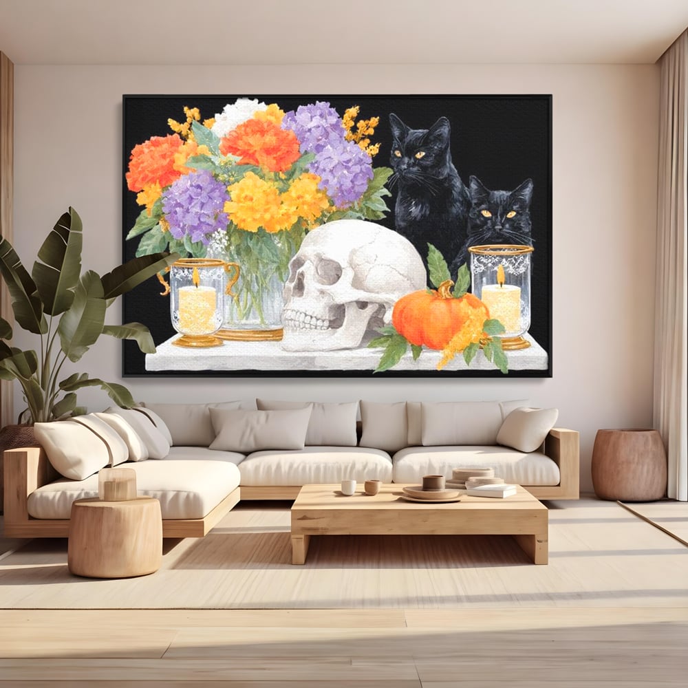 Tablou Canvas Premium, LuxCanva® N1181, Vrajitoarele Noptii, Pisici, Animale, Craniu, Dovleac, Halloween, Flori, Buchet, Noapte, Pub, Bar, Lounge, Restaurant, Bucatarie