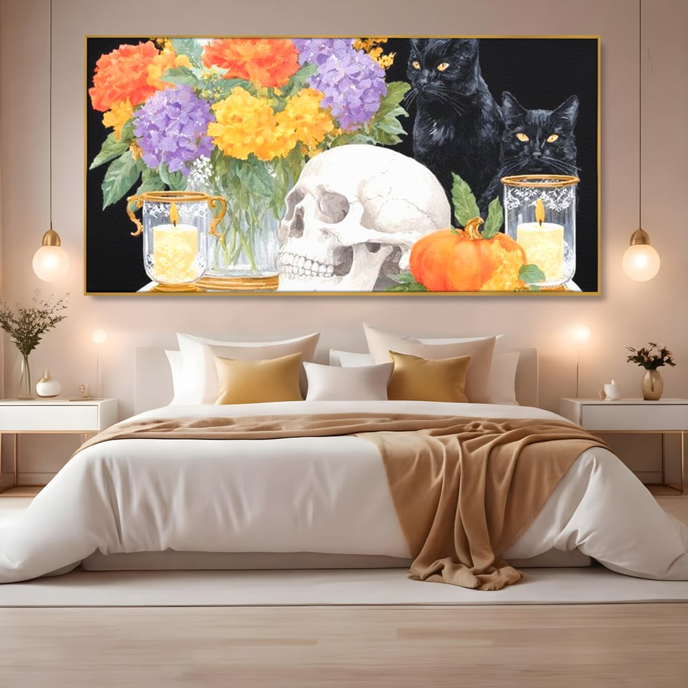 Tablou Canvas Premium, LuxCanva® N1181, Vrajitoarele Noptii, Pisici, Animale, Craniu, Dovleac, Halloween, Flori, Buchet, Noapte, Pub, Bar, Lounge, Restaurant, Bucatarie