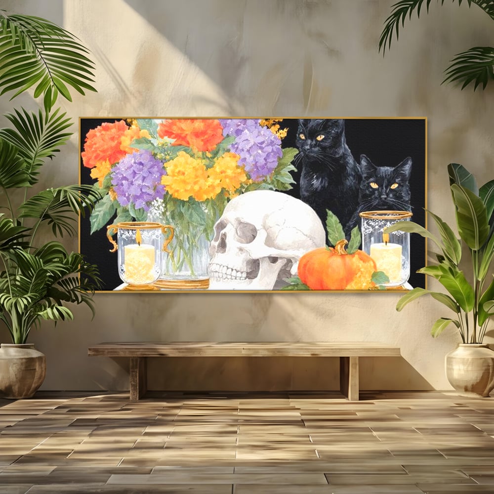 Tablou Canvas Premium, LuxCanva® N1181, Vrajitoarele Noptii, Pisici, Animale, Craniu, Dovleac, Halloween, Flori, Buchet, Noapte, Pub, Bar, Lounge, Restaurant, Bucatarie