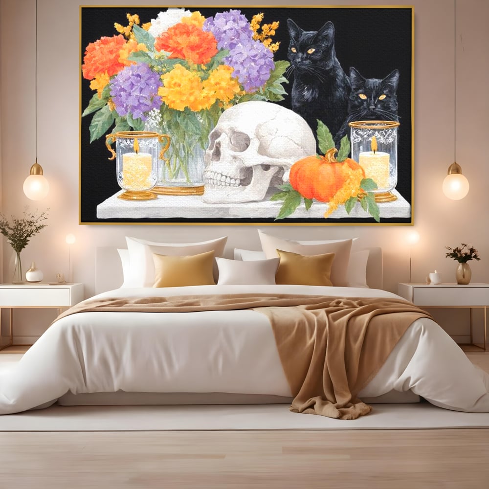 Tablou Canvas Premium, LuxCanva® N1181, Vrajitoarele Noptii, Pisici, Animale, Craniu, Dovleac, Halloween, Flori, Buchet, Noapte, Pub, Bar, Lounge, Restaurant, Bucatarie