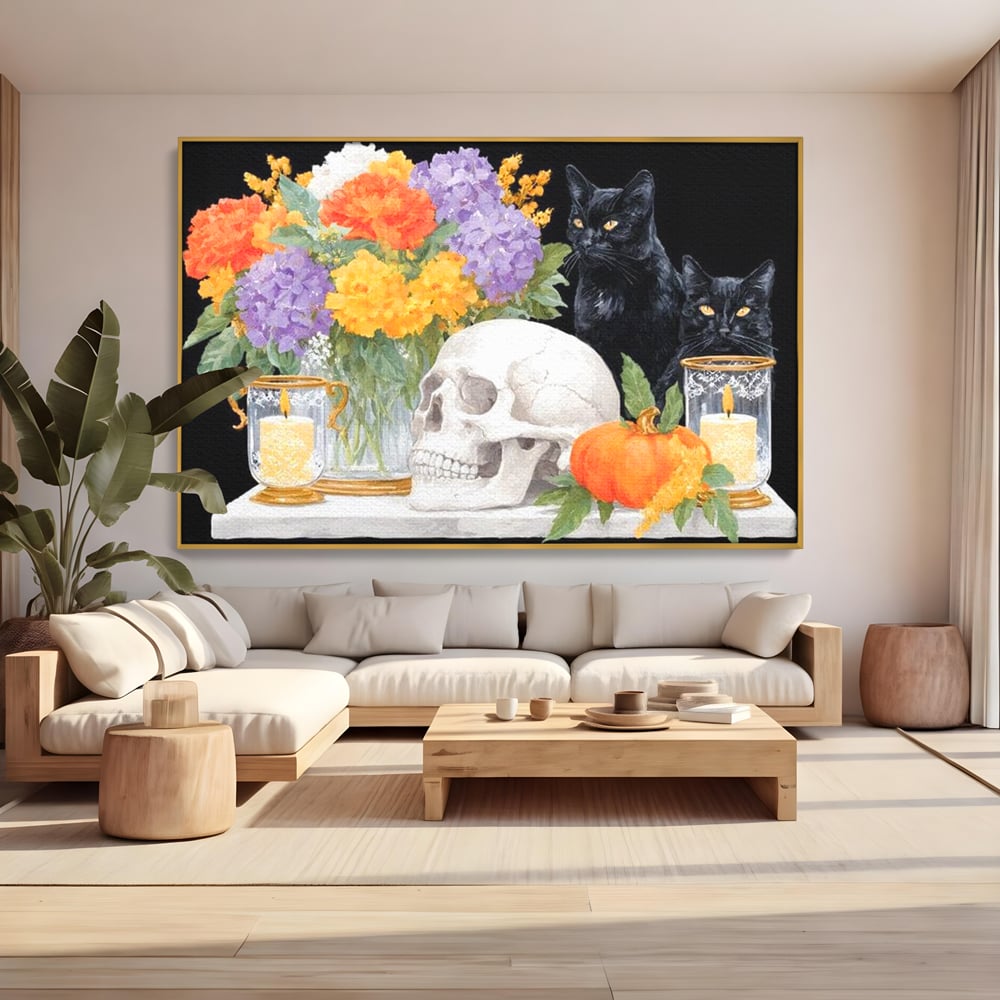 Tablou Canvas Premium, LuxCanva® N1181, Vrajitoarele Noptii, Pisici, Animale, Craniu, Dovleac, Halloween, Flori, Buchet, Noapte, Pub, Bar, Lounge, Restaurant, Bucatarie