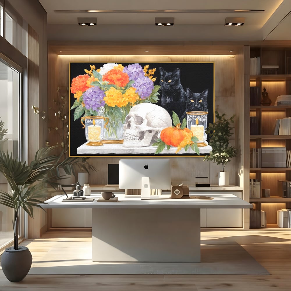 Tablou Canvas Premium, LuxCanva® N1181, Vrajitoarele Noptii, Pisici, Animale, Craniu, Dovleac, Halloween, Flori, Buchet, Noapte, Pub, Bar, Lounge, Restaurant, Bucatarie