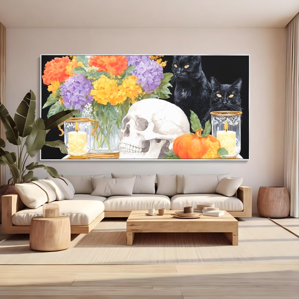 Tablou Canvas Premium, LuxCanva® N1181, Vrajitoarele Noptii, Pisici, Animale, Craniu, Dovleac, Halloween, Flori, Buchet, Noapte, Pub, Bar, Lounge, Restaurant, Bucatarie