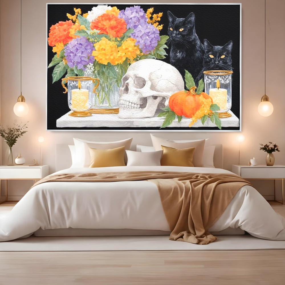 Tablou Canvas Premium, LuxCanva® N1181, Vrajitoarele Noptii, Pisici, Animale, Craniu, Dovleac, Halloween, Flori, Buchet, Noapte, Pub, Bar, Lounge, Restaurant, Bucatarie