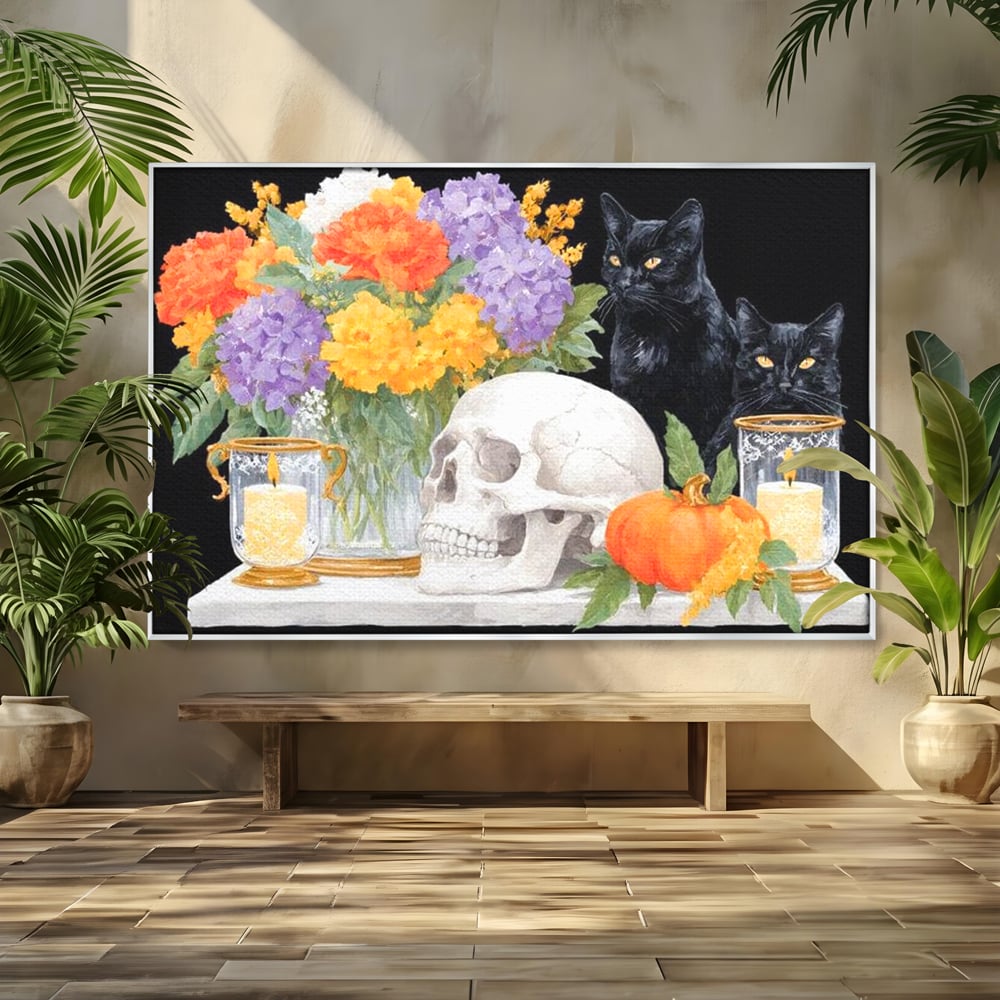 Tablou Canvas Premium, LuxCanva® N1181, Vrajitoarele Noptii, Pisici, Animale, Craniu, Dovleac, Halloween, Flori, Buchet, Noapte, Pub, Bar, Lounge, Restaurant, Bucatarie