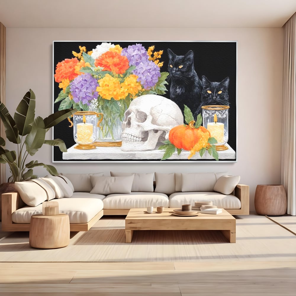 Tablou Canvas Premium, LuxCanva® N1181, Vrajitoarele Noptii, Pisici, Animale, Craniu, Dovleac, Halloween, Flori, Buchet, Noapte, Pub, Bar, Lounge, Restaurant, Bucatarie