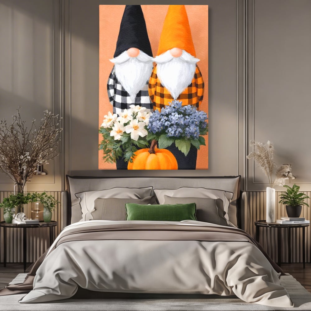 Tablou Canvas Premium, LuxCanva® N1182, Micii Gardieni ai Toamnei, Dovleac, Gnomi, Halloween, Pitici, Recolta, Sarbatoare, Sezon, Pub, Bar, Lounge, Restaurant, Bucatarie