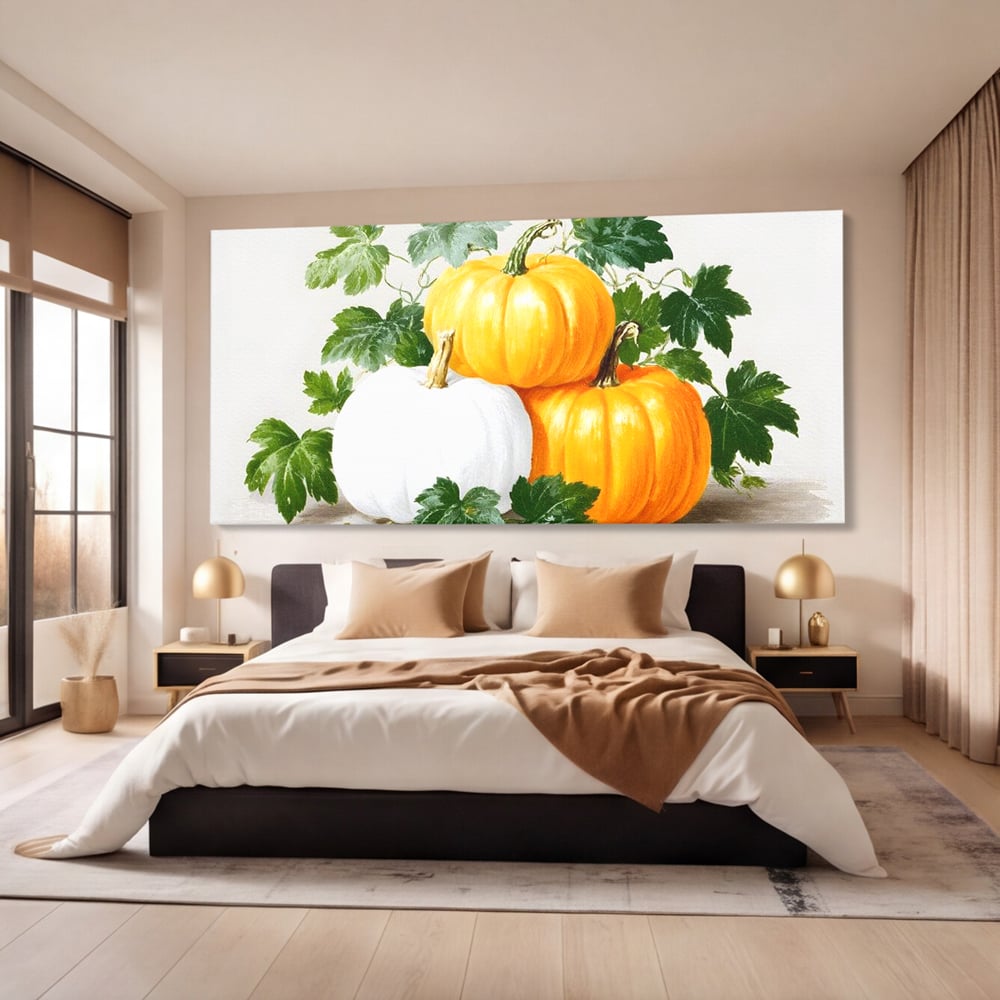 Leinwand Premium Canvas Wandkunst, LuxCanva® N1184, Herbst Ernte, Kürbisse, Blätter, Saison, Malerei, rustikal, natürlich, saisonal, Halloween, Restaurant, Küche