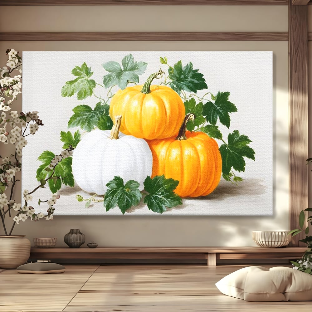 Leinwand Premium Canvas Wandkunst, LuxCanva® N1184, Herbst Ernte, Kürbisse, Blätter, Saison, Malerei, rustikal, natürlich, saisonal, Halloween, Restaurant, Küche
