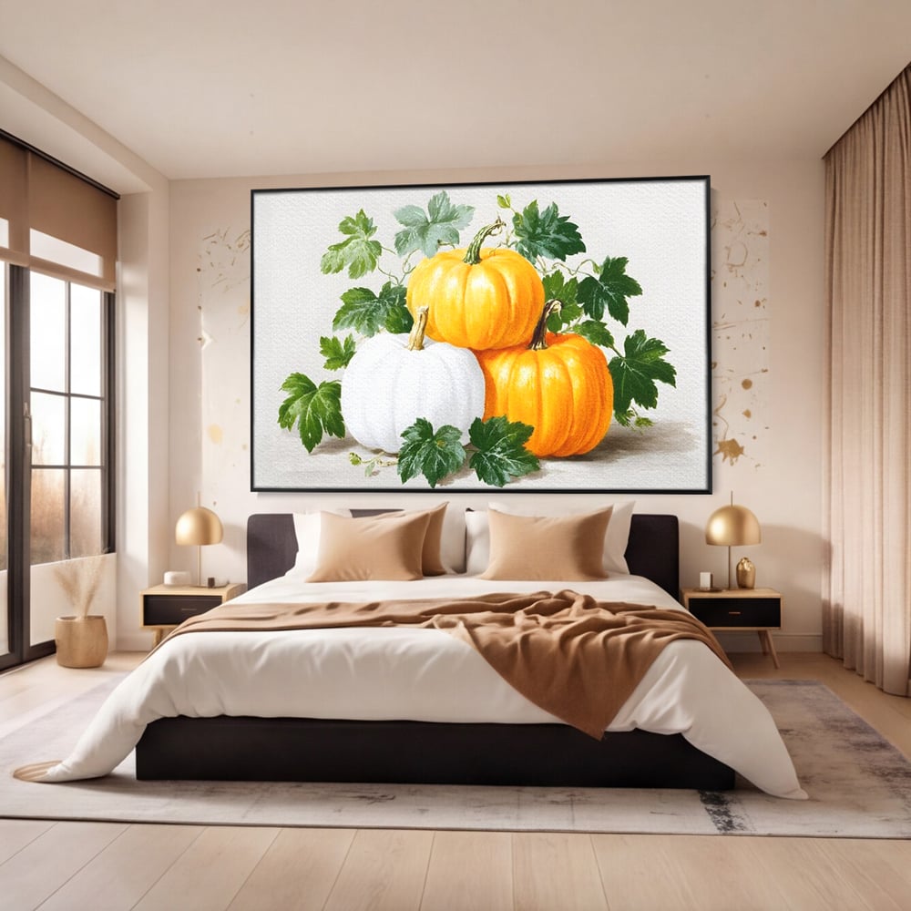 Leinwand Premium Canvas Wandkunst, LuxCanva® N1184, Herbst Ernte, Kürbisse, Blätter, Saison, Malerei, rustikal, natürlich, saisonal, Halloween, Restaurant, Küche