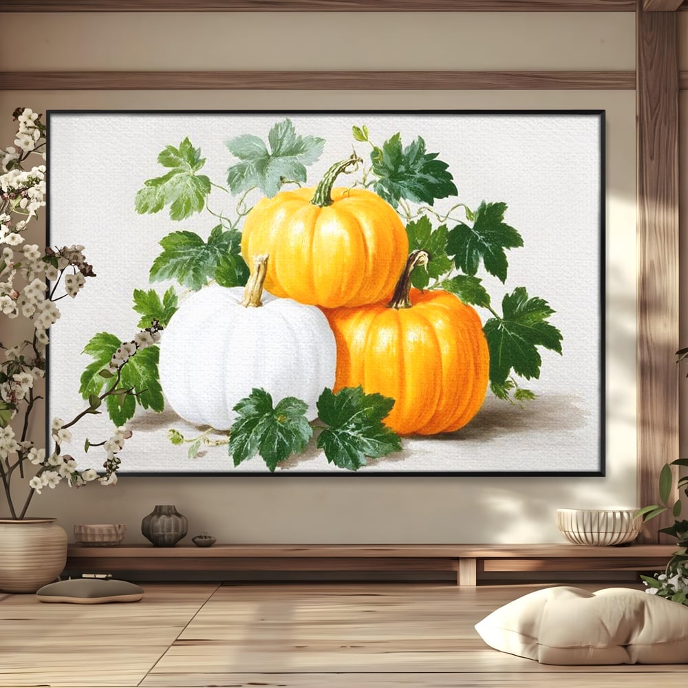 Leinwand Premium Canvas Wandkunst, LuxCanva® N1184, Herbst Ernte, Kürbisse, Blätter, Saison, Malerei, rustikal, natürlich, saisonal, Halloween, Restaurant, Küche