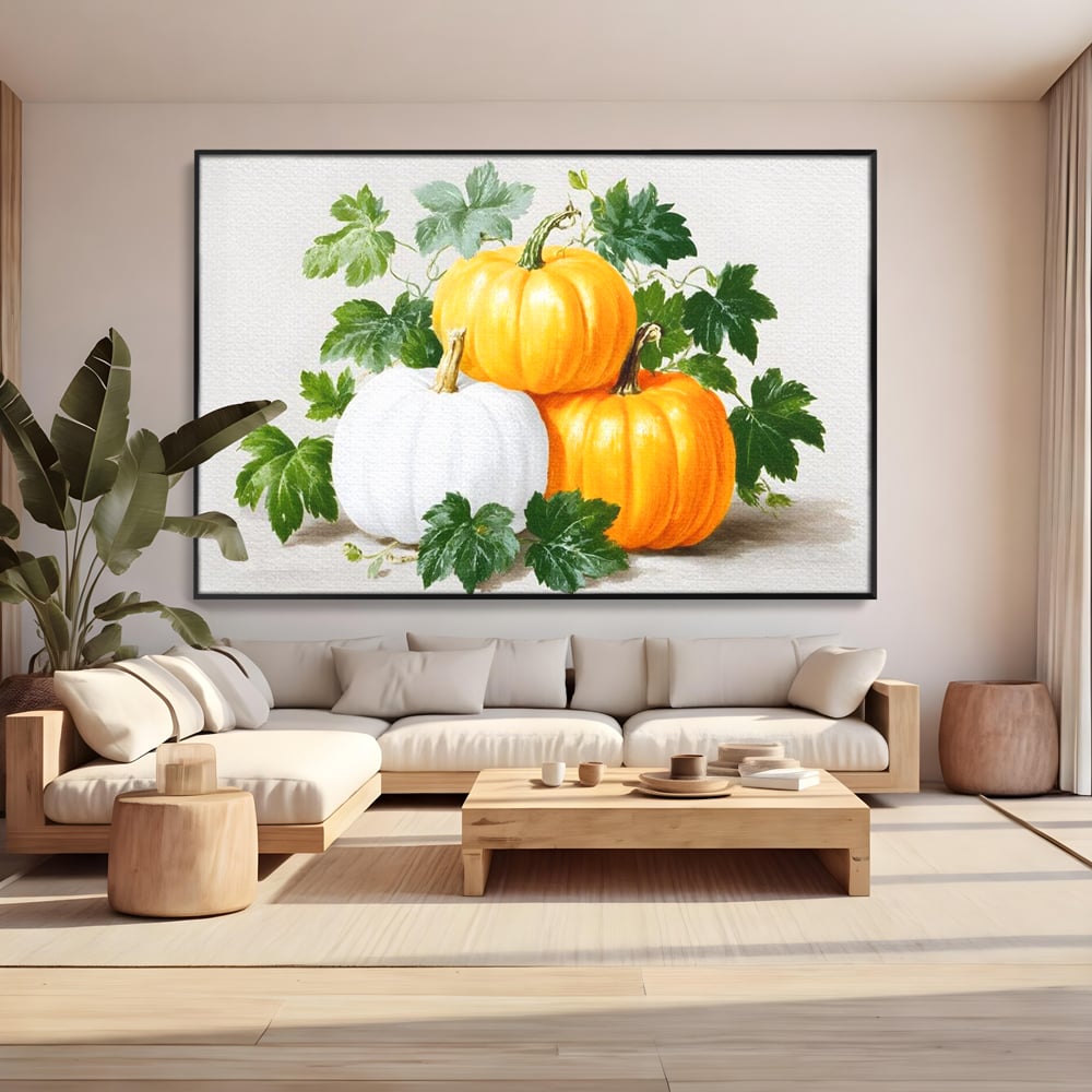 Leinwand Premium Canvas Wandkunst, LuxCanva® N1184, Herbst Ernte, Kürbisse, Blätter, Saison, Malerei, rustikal, natürlich, saisonal, Halloween, Restaurant, Küche
